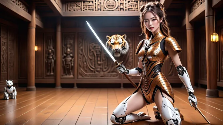 (An ancient training hall with wooden floors and walls, traditional weapons displayed, exuding discipline and history:1.3), (A visually stunning, intricately designed robotic woman:1.4), (her form a harmonious blend of advanced mechanics and artistry, featuring a polished metallic finish with elegant, fluid lines), (captivating, lifelike features gently illuminated by internal light sources, creating a mesmerizing, ethereal appearance) (with extremely long flowing Tiger Eye Bronze hair, wires showing, wearing Quirky printed playsuit with a novelty bag:1.2), UHD, 4k, anime, highly detailed face