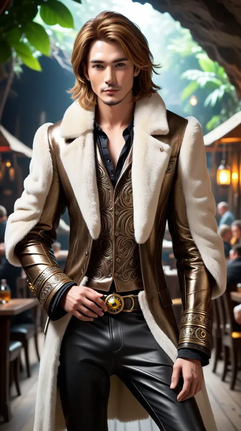 (A hidden port filled with pirate ships, bustling taverns, and treasure-laden caves:1.3), (A very handsom, intricately designed robotic man:1.4), (his form a harmonious blend of advanced mechanics and artistry, featuring a polished metallic finish with elegant, fluid lines), (captivating, lifelike features gently illuminated by internal light sources, creating a mesmerizing, ethereal appearance) (with extremely long flowing Tiger Eye Bronze hair, wires showing, wearing Faux fur coat and skinny leather pants:1.2), UHD, 4k, anime, highly detailed face