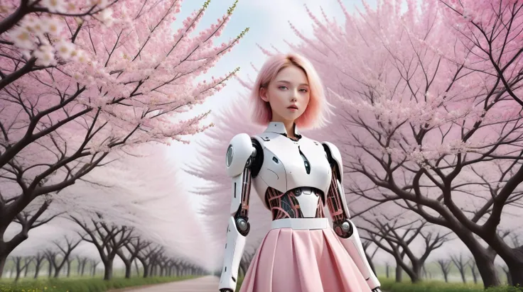 (Trees in full bloom, creating a canopy of pink and white, with petals gently falling:1.3), (A energetic, intricately designed robotic boy:1.4), (his form a harmonious blend of advanced mechanics and artistry, featuring a polished metallic finish with elegant, fluid lines), (captivating, lifelike features gently illuminated by internal light sources, creating a mesmerizing, ethereal appearance) (with expressive Sectoral Heterochromia eyes, wires showing, wearing Ankle boots with a bohemian maxi skirt:1.2), UHD, 4k, anime, highly detailed face