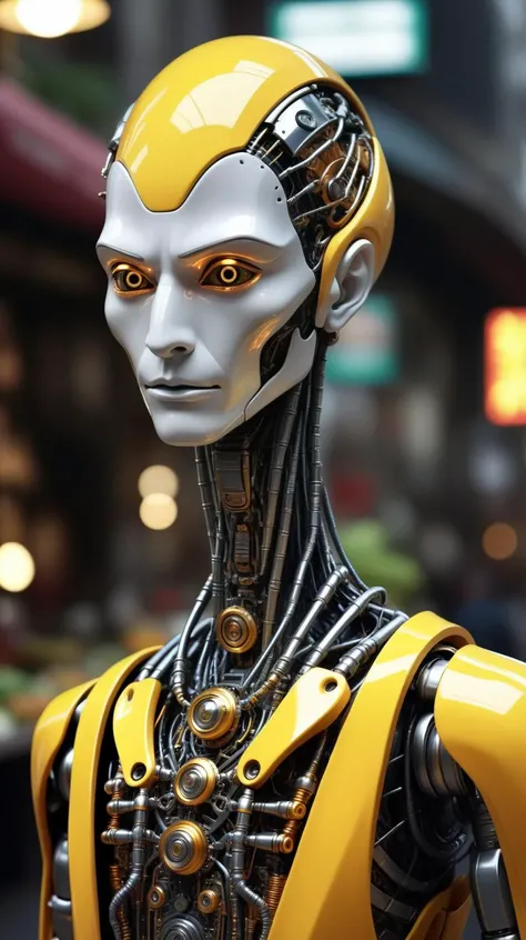 (An exotic market filled with alien species, bizarre goods, and unknown languages:1.3), (A very handsome, intricately designed robotic man:1.4), (his form a harmonious blend of advanced mechanics and artistry, featuring a polished metallic finish with elegant, fluid lines), (captivating, lifelike features gently illuminated by internal light sources, creating a mesmerizing, ethereal appearance) (with short spikey Yellow Ombre hair, wires showing, wearing Ripped sweater and layered necklaces):1.2), UHD, 4k, anime, highly detailed face