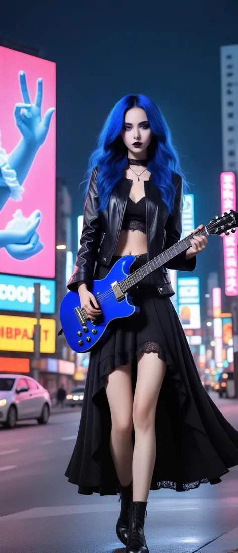 (Bustling streets aglow with neon lights and digital billboards, amidst advanced technology and urban sprawl:1.3), (A mesmerizing woman crafted from black metal:1.2), (her silhouette sleek and formidable, with a surface that catches the light with a subtle, enchanting luster), (features finely wrought, suggesting both strength and elegance, her presence commanding yet ethereally graceful) (with extremely long flowing Cobalt Blue hair, wires showing, wearing High-waist black skirt with ruffles paired with a lace top and jacket:1.2), (Chugging on a rhythm guitar:1.3), UHD, 4k, anime, highly detailed face, (<lora:SDXLCottonCandy:1.0> in the style of Cottoncandy:1.3), cinematic, hyper realistic