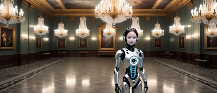 (An ornate room with crystal chandeliers, gilded mirrors, and Renaissance art, filled with the sound of a classical orchestra:1.3), (A energetic, intricately designed child robotic boy:1.4), (his form a harmonious blend of advanced mechanics and artistry, featuring a polished metallic finish with elegant, fluid lines), (captivating, lifelike features gently illuminated by internal light sources, creating a mesmerizing, ethereal appearance) (with expressive Complete Heterochromia eyes, wires showing, wearing Oversized flannel shirt and ripped leggings:1.2), (Whitewater Kayaking:1.3), UHD, 4k, anime, highly detailed face, (<lora:UltraBlackhole_Tech_XL:1.0> ulblackholetech, excessive energy, scifi:1.3), cinematic, hyper realistic