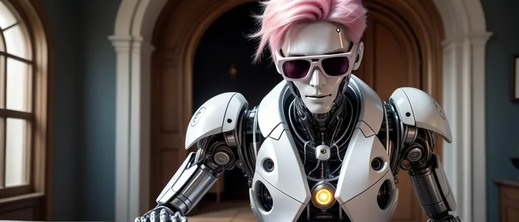 (An elegant but eerie house with secret passages, ghostly whispers, and a mysterious past:1.3), (A very handsome, intricately designed robotic man:1.4), (his form a harmonious blend of advanced mechanics and artistry, featuring a polished metallic finish with elegant, fluid lines), (captivating, lifelike features gently illuminated by internal light sources, creating a mesmerizing, ethereal appearance) (with short spikey Pastel Pink hair, wires showing, wearing Bandana, sunglasses, and denim vest):1.2), (Freeskiing:1.3), UHD, 4k, anime, highly detailed face, (<lora:UltraBlackhole_Tech_XL:1.0> ulblackholetech, excessive energy, scifi:1.3), cinematic, hyper realistic