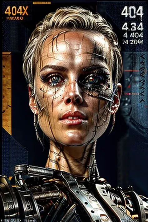 18-year-old woman, damaged terminator, ((holds the text of the inscription in front of him: "404")), (((futuristic portable digital screen with the inscription "Page 404 not found": 1.4))), ((labeled text reads "404")), nameplate, (holding sign:1.1), (futuristic portable digital screen with the inscription: "Page 404 not found":1.4", labeled text reads:"404"), nameplate, with damaged scalp, (hi-top fade: 1.3), (one eye is replaced by a video camera), skin is torn, metal parts are visible, blonde hair, (a look from under the eyebrows, the camera in the empty eye socket glows bright red), <lora:more_details:1>, (best quality, masterpiece, beautiful and aesthetically pleasing: 1,2, colorful, dynamic angle, stunning details of a photo of a perfect beautiful girl 1 in a post-apocalyptic style, face in high resolution, smoothing, FXAA, no noise, post-production, insanely detailed and confusing, ultra-detailed noir-style color scheme, 16k resolution, full body, stunning complex full-color portrait, partially cyborg, epic character composition, clear focus, natural light, subsurface scattering, ((short blond hair combed back, angry look, looks at you with malice, a look from under the eyebrows)), a well-defined, highly detailed terminator girl, partially preserved porcelain skin on the shoulders and body, metal parts are visible in the body (cracked porcelain skin, bullet holes),