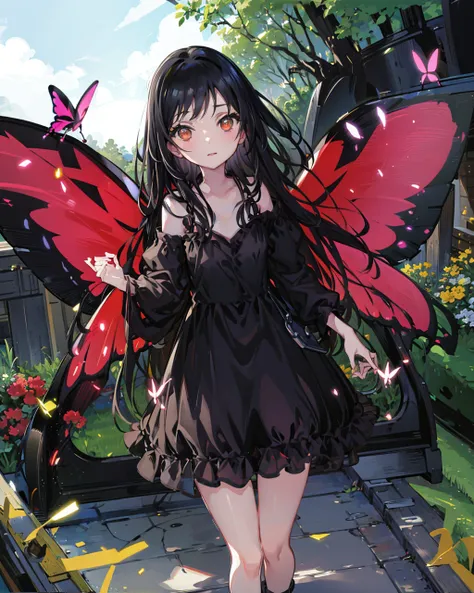 1girl,standing,outdoors,garden,black_dress,butterfly wings, 
, <lora:Kuroyukihime_01:1>