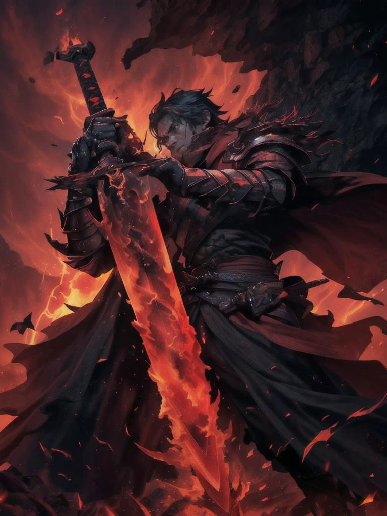 1boy, armor, breathing fire, burning, cape, embers, fire, flame, flaming sword, flaming weapon, glowing, holding, holding sword, holding weapon, katana, male focus, molten rock, planted, planted sword, red sky, red theme, solo, standing, sword, weapon
, by paul zizka, <lora:LAS:0.7>, <lora:tangbohu-detailmaker_v2.5:0.7> <lora:bad-hands-3:0.7>