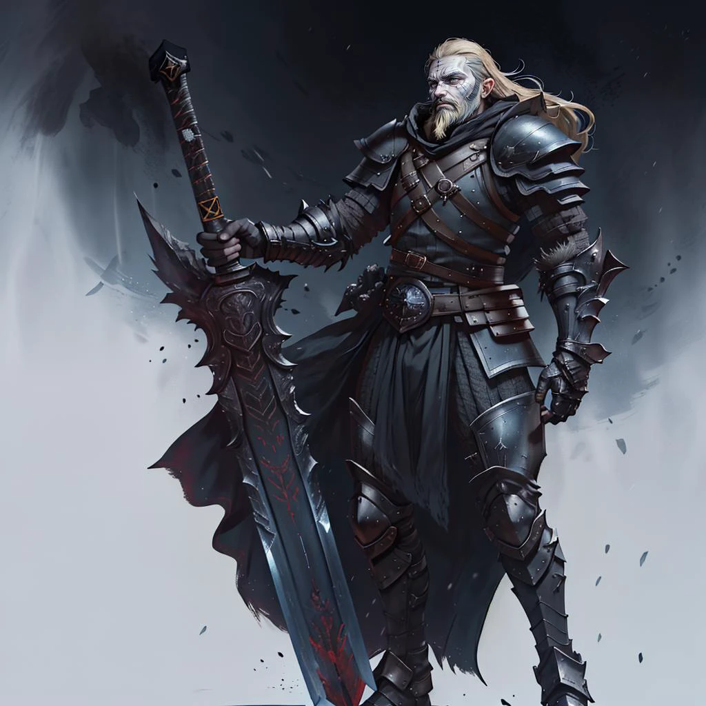 1boy, armor, beard, belt, blonde hair, facial hair, gauntlets, greaves, grey background, holding, holding sword, holding weapon, male focus, pauldrons, shoulder armor, solo, standing, sword, weapon
, bloodborne style , by paul zizka, <lora:LAS:1>, <lora:tangbohu-detailmaker_v2.5:0.7>, bad-hands-5