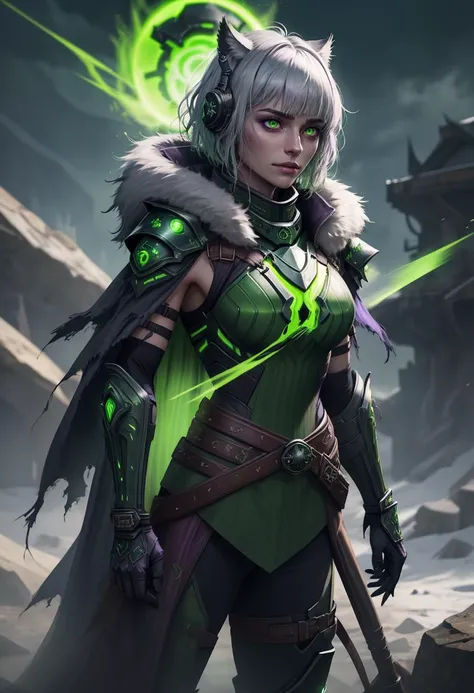 1girl, cowboy shot of wowdk, glowing green eyes, green skull armor, fur trim, pauldrons, torn purple cape, short white hair, acid rain, night, citadel, athletic, volumetric lighting, best quality, masterpiece, realistic,  <lora:sxz-death-knight:0.8>