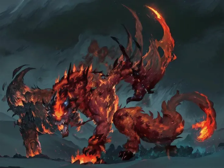 breathing fire, burning, claws, embers, explosion, fire, flame, flaming sword, flaming weapon, glowing, molten rock, monster, no humans, open mouth, sharp teeth, spikes, tail-tip fire, teeth , by paul zizka, <lora:LAS:0.7>, <lora:tangbohu-detailmaker_v2.5:0.7>