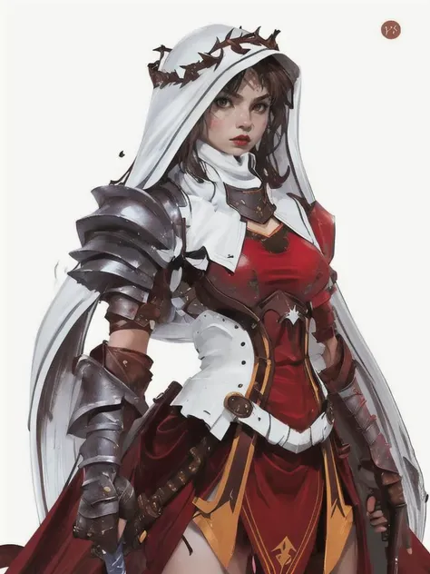1girl, armor, breasts, brown eyes, gauntlets, holding weapon, lips, looking at viewer, medium breasts, red lips, simple background, solo, standing, sword, weapon, white background , by paul zizka, <lora:LAS:0.7>, <lora:tangbohu-detailmaker_v2.5:0.7>