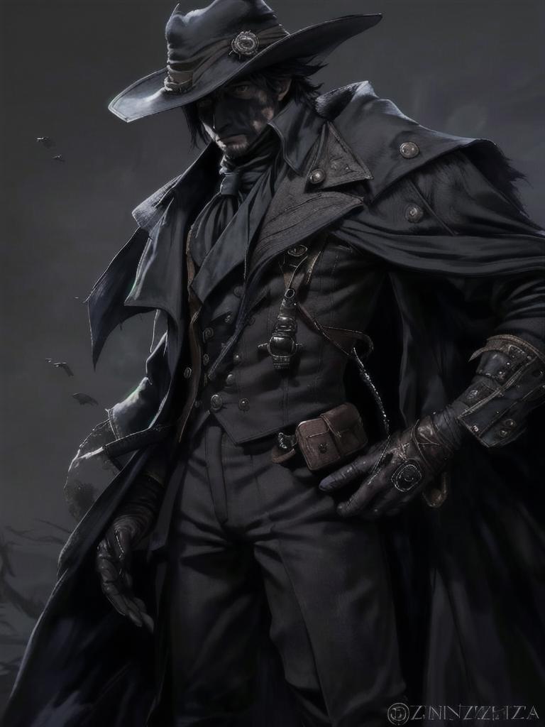 A man in a black coat and hat standing in a field - SeaArt AI