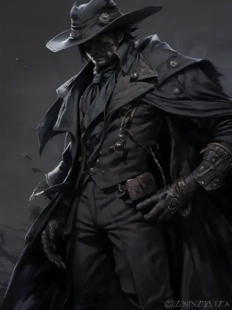 1boy, black coat, black headwear, brown coat, coat, hat, hunter \(bloodborne\), long coat, male focus, pants, solo, standing, tricorne
, by paul zizka, <lora:LAS:0.7>, <lora:tangbohu-detailmaker_v2.5:0.7> <lora:bad-hands-3:0.7>