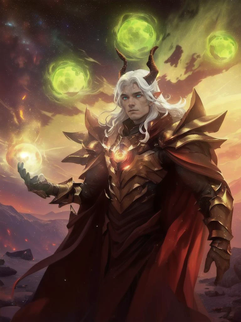 1boy, armor, burning, cape, crescent moon, earth \(planet\), embers, energy ball, fire, flame, full moon, galaxy, glowing, green eyes, horns, long hair, magic, male focus, moon, night, night sky, pauldrons, planet, pointy ears, red cape, red moon, shoulder armor, sky, solo, space, star \(sky\), starry sky, sun, sunset, white hair , by paul zizka, <lora:LAS:0.7>, <lora:tangbohu-detailmaker_v2.5:0.7>