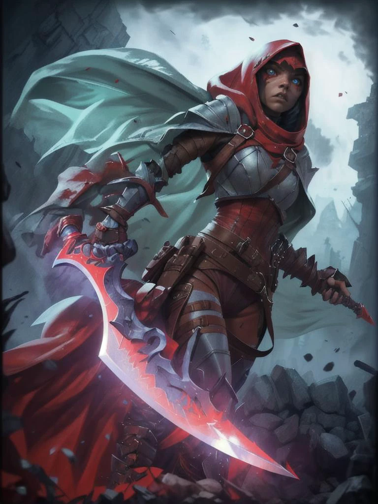 1girl, armor, colored skin, gauntlets, holding weapon, hood, long hair, red hood, solo, sword, undead, weapon
, by paul zizka, <lora:LAS:0.7>, <lora:tangbohu-detailmaker_v2.5:0.7>