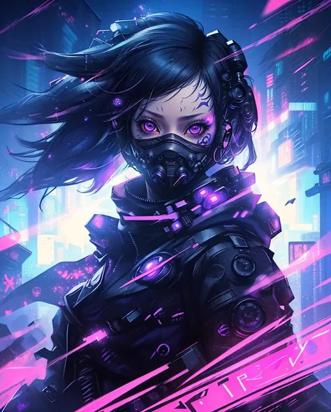 1girl, black hair, covered mouth, cyberpunk, cyborg, facial mark, floating hair, glowing, long hair, looking at viewer, mask, mouth mask, ninja, ninja mask, purple eyes, science fiction, solo
, by paul zizka, <lora:LAS:1>, <lora:tangbohu-detailmaker_v2.5:0.7>, bad-hands-5