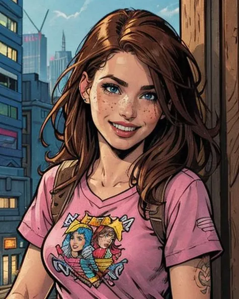 comic artwork of h4il3igh, smiling, happy, t-shirt, city background, <lora:h41l3yl31gh:0.55> h41l3yl31gh, freckles, epic, dynamic shadows, cinematic lighting, <lora:detail_slider_v4:1.5>, <lora:colorize:0.75>, crosshatching, 2D, Sharp, Detailed, HD, HDR, High Quality, High Resolution, Masterpiece