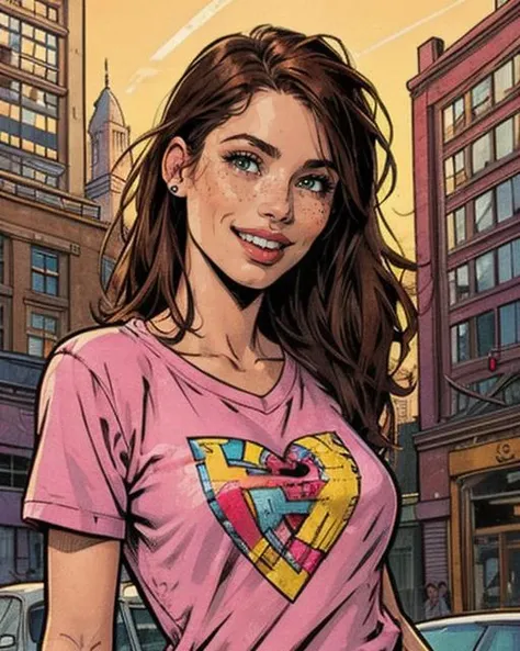 comic artwork of h4il3igh, smiling, happy, t-shirt, city background, <lora:h41l3yl31gh:0.55> h41l3yl31gh, freckles, epic, dynamic shadows, cinematic lighting, <lora:detail_slider_v4:1.5>, <lora:colorize:0.75>, crosshatching, 2D, Sharp, Detailed, HD, HDR, High Quality, High Resolution, Masterpiece