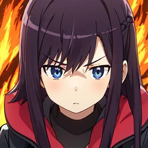 best quality, masterpiece, highres, <lora:miyauchi_hikage_nonnonbiyori:0.9>, purple_hair, one_side_up, black_hair, short_hair, 1girl, long_hair, anime_coloring,
sunglasses, (badass), coat, close up, fire, burning,