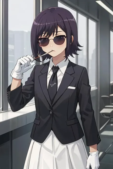 best quality, masterpiece, highres, solo, {black business suit:1.40}, {tie:1.20}, {sunglasses:1.25}, {white gloves:1.15}, {white shirt:1.10}, {black skirt:1.15}, {smoking:1.20}, handsome, {senju_muramasa_eromangasensei:1.15}, short_hair, blush, purple_hair, bangs, blunt_bangs, purple_eyes, black_hair