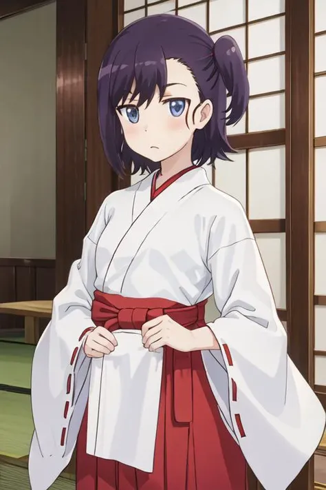 best quality, masterpiece, highres, solo, {white kimono:1.35}, {red hakama:1.35}, {wide sleeves:1.20}, {miyauchi_hikage_nonnonbiyori:1.15}, blue_eyes, purple_hair, blush, one_side_up, black_hair, short_hair