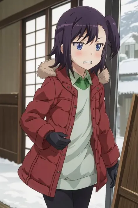 best quality, masterpiece, highres, solo, {miyauchi_hikage_nonnonbiyori:1.15}, blue_eyes, purple_hair, blush, one_side_up, black_hair, short_hair, 1girl, anime_coloring, bangs, clenched_teeth, coat, fur_trim, teeth, jacket, parody, gloves, indoors, red_gloves, side_ponytail, winter_clothes