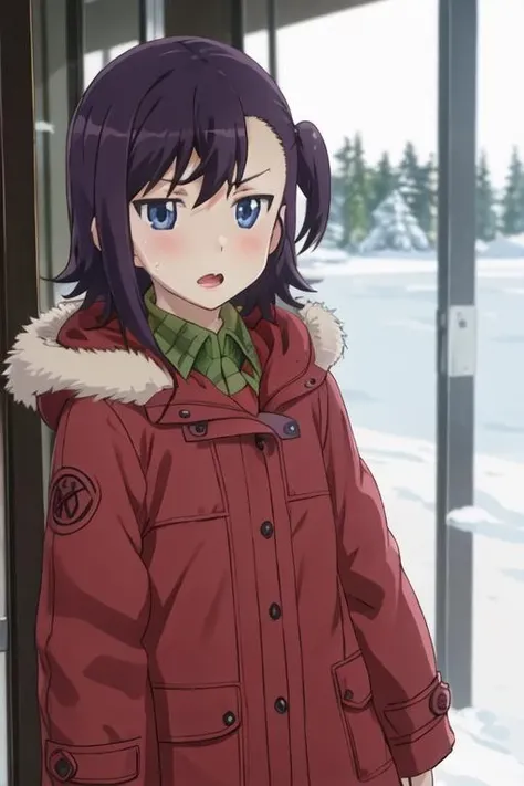 best quality, masterpiece, highres, solo, {miyauchi_hikage_nonnonbiyori:1.15}, blue_eyes, purple_hair, blush, one_side_up, black_hair, short_hair, 1girl, coat, fur_trim, hood, jacket, looking_at_viewer, looking_back, upper_body, hood_down, open_mouth