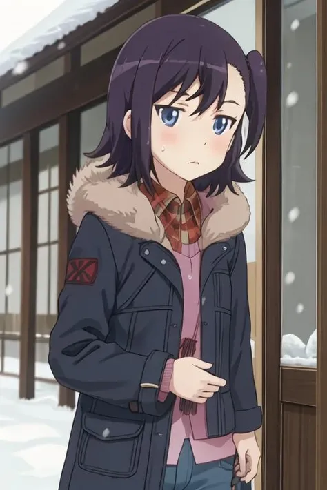best quality, masterpiece, highres, solo, {miyauchi_hikage_nonnonbiyori:1.15}, blue_eyes, purple_hair, blush, one_side_up, black_hair, short_hair, 1girl, coat, jacket, outdoors, plaid, shirt, bangs, closed_mouth, collared_shirt, fur_trim, plaid_shirt, snow, blurry, upper_body, looking_at_viewer, winter_clothes