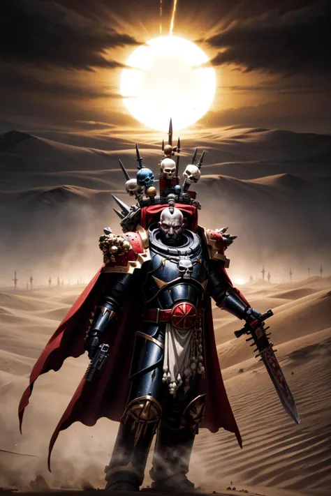 comics style, cowboy shot, illustration of Abbadon wearing terminator_armor, red_glowing_aura, topknot, wearing_full_armor, cape, shoulder_spikes, severed_head_decorations, skull_ornaments, glowing eyes, (claw(weapon), arm_cannon:1.2), spikes, ammunition_belt, gold detail armor, armor detail, metal trimmings, holding_sword,
battle, army, firing, firing_gun, shell_casing, tall_stature,
standing by desert storm, sandstorm, dune, dark ambiance, ((dawn:1.2)), dim sun light, <lora:tool - add_detail:0.6> <lora:Abbadon and The Black Legion MK1 by CARAXES:0.7> <lora:tool - more_details:0.5>