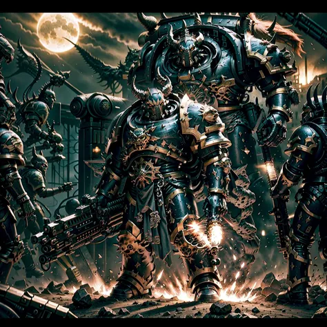 Generate a stunning art style, a true [masterpiece] [best quality] of art. The image showcases [detailed linework], [dynamic shading], and [dramatic lighting], bringing to life a [dreading atmosphere, grim dark coloures] . In the background a [gothic hive city, siege, explosion, warhammer 40k] is to be seen in [grand:1.8, high-scale:1.8, panorama:1.8] from [from below].
black legion, space marine  is [(solo), (full body), (charging forward)] through wall. It is wearing  [full armor, skull_ornaments, glowing eyes, (horned_helmet:1.5), helm details, skull, gold detail armor, armor detail, metal trimmings, cape, pelvic curtain]. It is holding with both hands a  [(rifle:1.5)]. In the background  are [death, dead bodies, carcass, bloody face] to be seen.
<lora:Abbadon and The Black Legion MK1 by CARAXES:0.7>