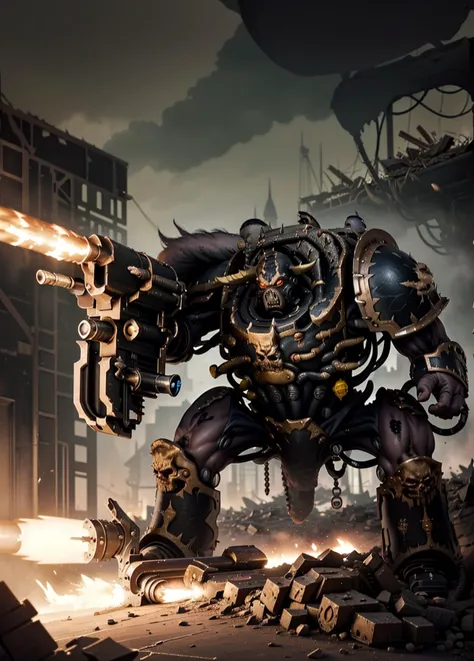 (masterpiece, absurdes, high quality, HD:1.5), epic illustration, highly detailed, action shot,
solo, 1boy,
illustration of helbrute
glowing red eyes, huge_stature, spikes, skull,
firing, shell casing,
detailed weapon, (huge_arm_cannon, ammunition belt, rocket launcher, helmet, gattling gun, shoulder cannon:1.2),
glowing red aura, sinister,
battle, fighting, ravaging, firing cannon on top of ashes of ruined castle, burnt building debris, dead bodies, death,
<lora:Abbadon and The Black Legion MK1 by CARAXES:0.95>