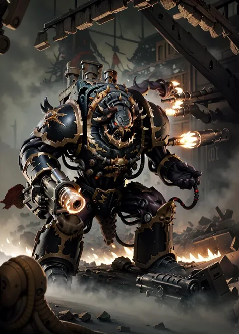 (masterpiece, absurdes, high quality, HD:1.5), epic illustration, highly detailed, action shot, 
solo, 1boy, 
illustration of helbrute
glowing red eyes, huge_stature, spikes, skull,
firing, shell casing, 
detailed weapon, (huge_arm_cannon, ammunition belt, rocket launcher, helmet, gattling gun, shoulder cannon:1.2), 
glowing red aura, sinister, 
battle, fighting, ravaging, firing cannon on top of ashes of ruined castle, burnt building debris, dead bodies, death, 
   <lora:Abbadon and The Black Legion MK1 by CARAXES:0.95>
