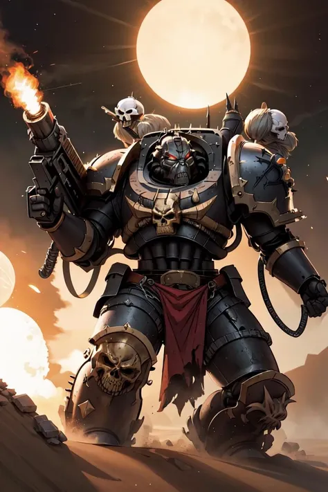comics style, cowboy shot, photo of a group of terminator armor space marines, wearing full armor, skull_ornaments, glowing eyes, tusk, spikes, helmet, helm details, skull, gold detail armor, armor detail, metal trimmings, holding_gun, arm_cannon, gattling_gun, shoulder_cannon, battle, army, firing, multipleboys, one-knee, firing_gun, shell_casing, standing by desert storm, sandstorm, dune, dark ambiance, ((dawn:1.2)), dim sun light,, <lora:Abbadon and The Black Legion MK1 by CARAXES:0.75>