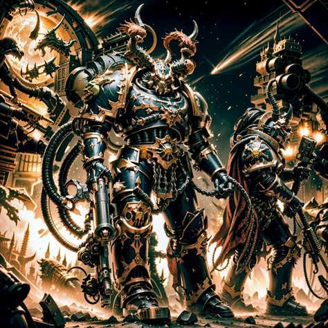Generate a stunning art style, a true [masterpiece] [best quality] of art. The image showcases [detailed linework], [dynamic shading], and [dramatic lighting], bringing to life a [dreading atmosphere, grim dark coloures] . In the background a [gothic hive city, siege, explosion, warhammer 40k] is to be seen in [grand:1.8, high-scale:1.8, panorama:1.8] from [from below].
black legion, space marine  is [(solo), (full body), (charging forward)] through wall. It is wearing  [full armor, skull_ornaments, glowing eyes, (horned_helmet:1.5), helm details, skull, gold detail armor, armor detail, metal trimmings, cape, pelvic curtain]. It is holding  [(gun:1.5)]. In the background  are [death, dead bodies, carcass, bloody face] to be seen.
<lora:Abbadon and The Black Legion MK1 by CARAXES:0.7>