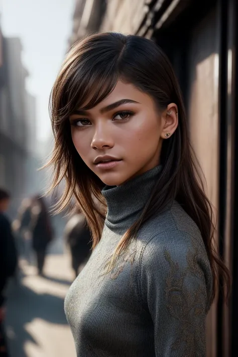 photo of extremely sexy (zend4y4-160:0.99), a woman as a sexy student, ((closeup portrait:1.2)), modelshoot style, (extremely detailed CG unity 8k wallpaper), photo of the most beautiful artwork in the world, professional majestic oil painting by Ed Blinkey, Atey Ghailan, Studio Ghibli, by Jeremy Mann, Greg Manchess, Antonio Moro, trending on ArtStation, trending on CGSociety, Intricate, High Detail, Sharp focus, dramatic, photorealistic painting art by midjourney and greg rutkowski, (tight turtleneck top:1.2), (long skirt:1.1), ((crowded slums street)), (looking at viewer:1.2), (detailed pupils:1.3), (holding a shopping bag:1.1)