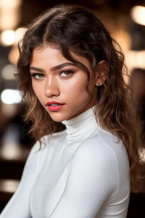 photo of extremely sexy (zend4y4:0.99), a woman as a sexy student, (closeup portrait), curly hair, (white tight long sleeve turtleneck top), at a cantina sitting bar (masterpiece:1.5) (photorealistic:1.1) (bokeh) (best quality) (detailed skin texture pores hairs:1.1) (intricate) (8k) (HDR) (wallpaper) (cinematic lighting) (sharp focus), (eyeliner), (painted lips:1.2)