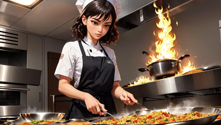 masterpiece, best quality, 1girl, medium hair, curly hair, chef uniform, chef hat, chef, zend4y4, cooking, wok, fire, fried rice, stove, feet out of frame, (looking down:1.3),