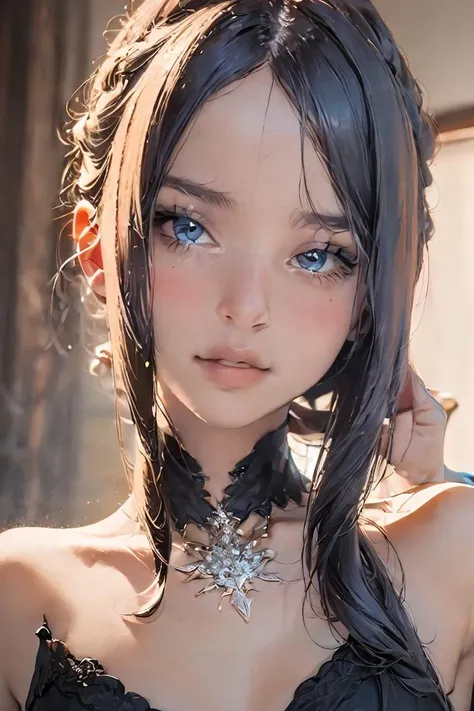 (((Masterpiece))), (((portrait))), Kujou Sara, diffused light, dynamic shadows, sharp focus, realistic, detailed, highres, absurdres, white background, no bra, photorealistic, lifelike, wet, mascara, blushing, sleeveless, youthful appearance, pee stain, white panties, (((nudist))), (((sweept bangs))), (((side braided ponytails))), (((lips apart)))