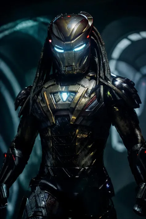 photo of iron man predator <lora:Predator:1>, arc reactor, well lit, (masterpiece:1.3), (best quality:1.3), beautiful, (intricate details), unity 8k wallpaper, ultra detailed, beautiful, aesthetic, perfect lighting, <lora:add_detail:0.1>, futuristic technology , robots , spaceships ,