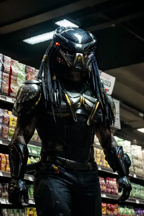 photo of a predator <lora:Predator:1>,in the super market, produce section, crowded, (masterpiece:1.3), (best quality:1.3), beautiful, (intricate details), unity 8k wallpaper, ultra detailed, beautiful, aesthetic, perfect lighting, <lora:add_detail:0.1>,  futuristic technology , robots , spaceships ,
