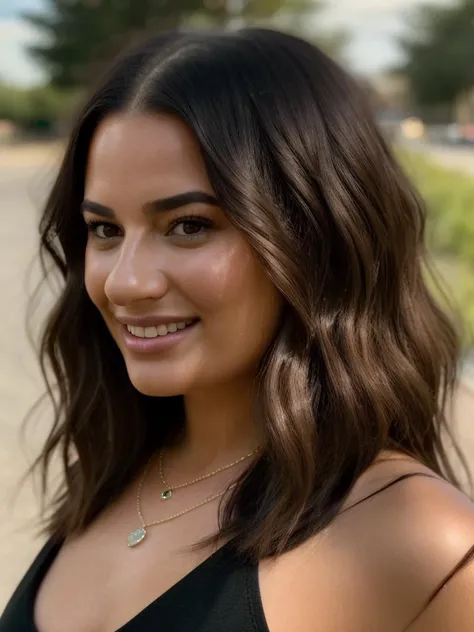 Realistic photo of a beautiful l34m1ch3l3 woman, 1girl, solo, long hair, looking at viewer, smile, brown hair, white shirt, black hair, brown eyes, jewelry, upper body, necklace, lips, wavy hair, realistic, soft Lighting, professional Photography, Photorealistic, detailed, RAW, analog, sharp focus, 8k, HD, DSLR, high quality, Fujifilm XT3, film grain, award winning, masterpiece<lora:l34m1ch3l3:1.0>