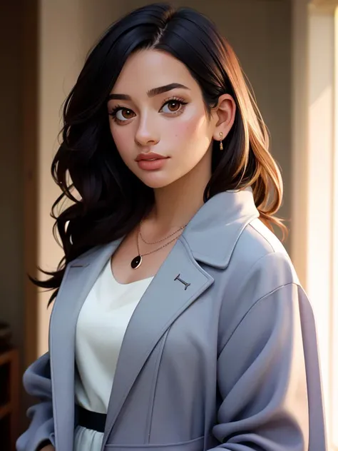Realistic photo of a beautiful l34m1ch3l3 woman, 1girl, solo, long hair, looking at viewer, brown hair, black hair, brown eyes, jewelry, upper body, necklace, lips, realistic, labcoat, soft Lighting, professional Photography, Photorealistic, detailed, RAW, analog, sharp focus, 8k, HD, DSLR, high quality, Fujifilm XT3, film grain, award winning, masterpiece<lora:l34m1ch3l3:1.0>