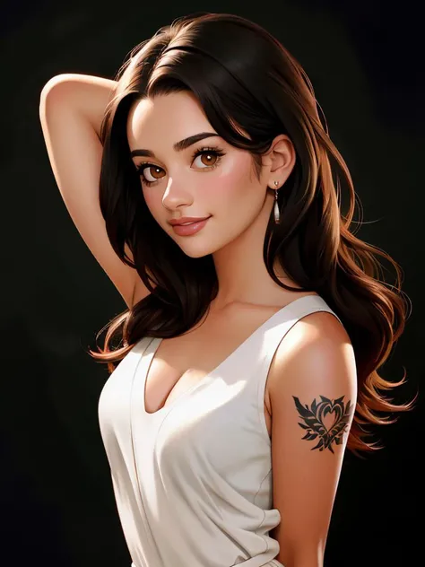Realistic photo of a beautiful l34m1ch3l3 woman, 1girl, solo, long hair, looking at viewer, smile, simple background, brown hair, black hair, white background, brown eyes, lips, tattoo, arm behind head, contrapposto, realistic, soft Lighting, professional Photography, Photorealistic, detailed, RAW, analog, sharp focus, 8k, HD, DSLR, high quality, Fujifilm XT3, film grain, award winning, masterpiece<lora:l34m1ch3l3:1.0>