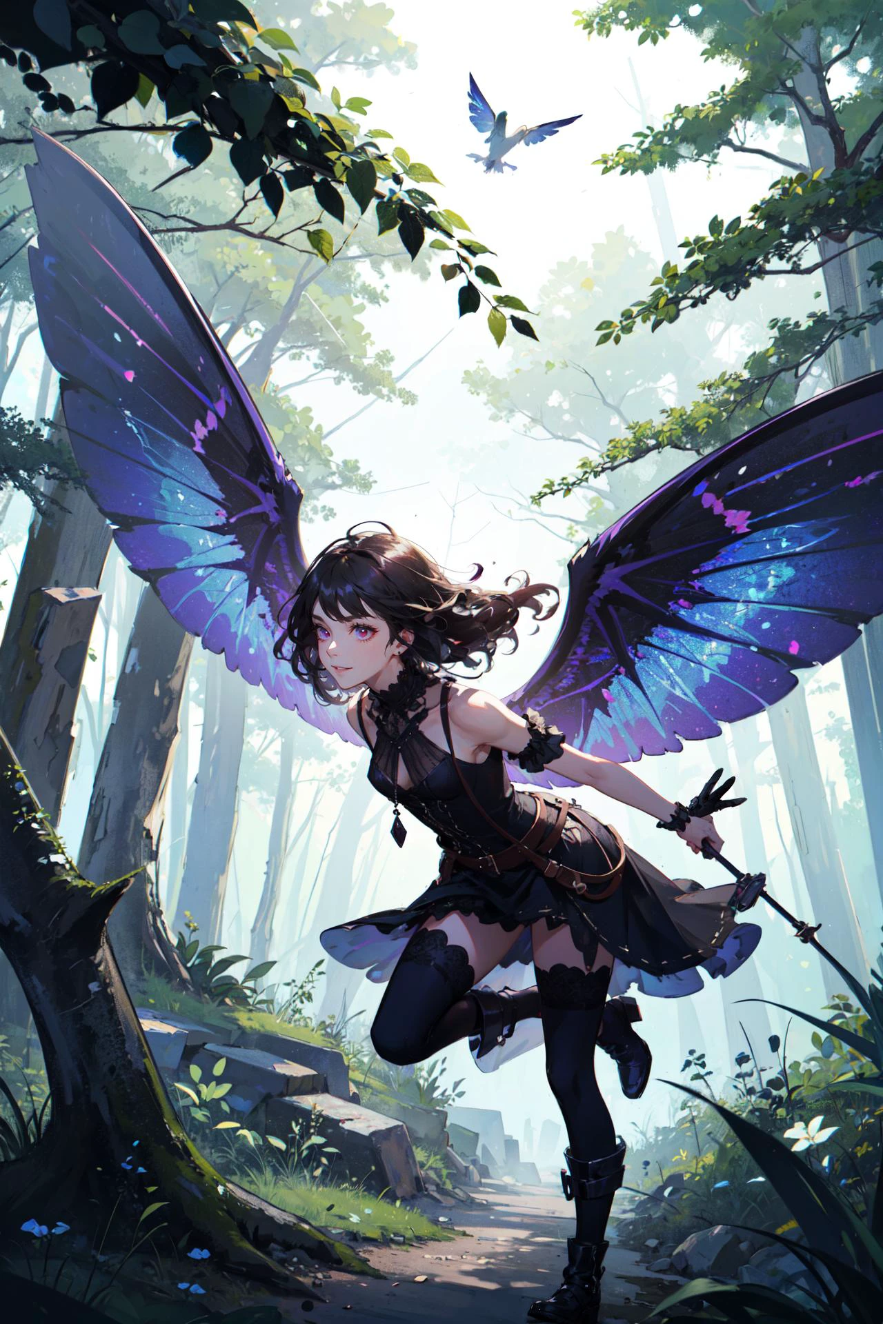 ((best quality, masterpiece, absurbres, super-resolution)) 1girl, A tiny fae lost in the woods, flying away from danger, tall woods, panicking, scared