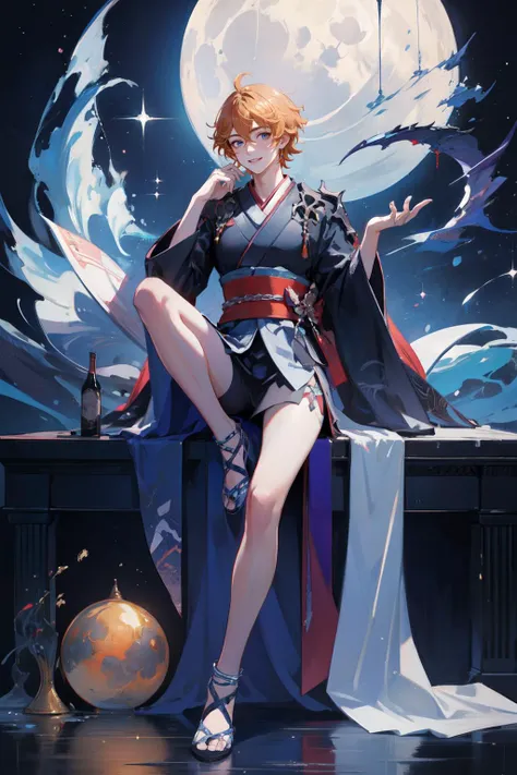 (masterpiece, best quality, hires, high resolution:1.2),(extremely detailed, intricate details, highres),
1boy,flat breast,
short hair,orange hair,hair between eyes,freckles,eyelashes,blue eyes,happy,smile,
sexy pose,china clothing,kimono,long sleeves,
round window,full moon,plant,abyss,
Tartaglia\(genshin impact\),star \(symbol\),<lora:Tartaglia:0.8>,
