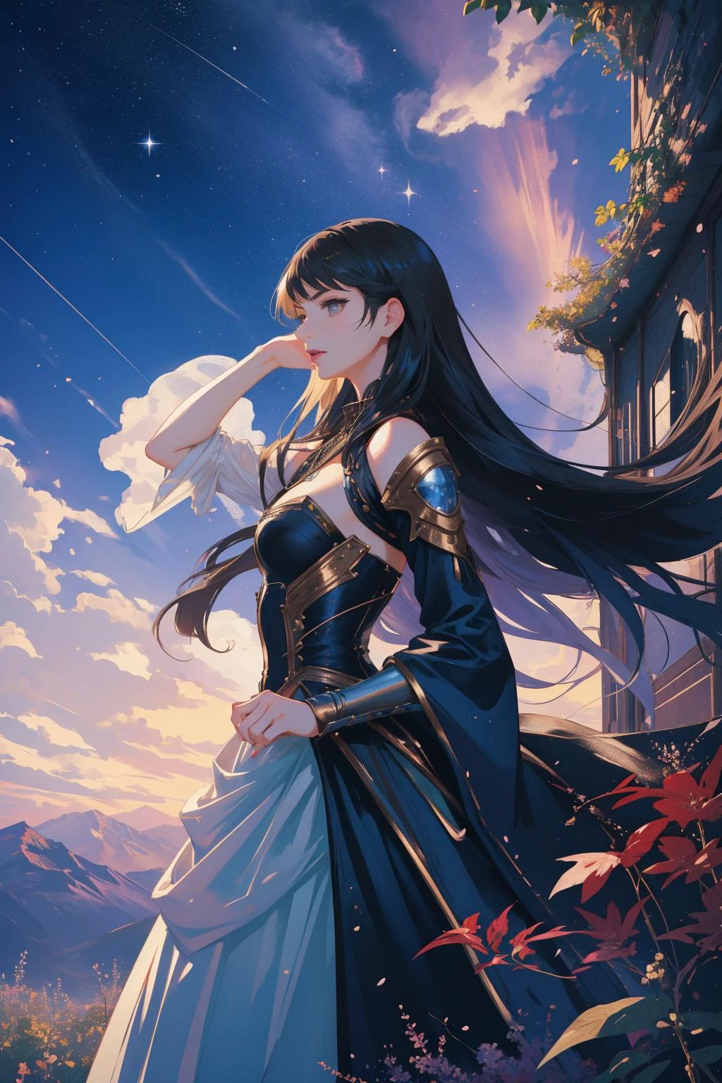 1girl, masterwork Unreal Engine, majestic, cinematic shot of a lanky traditional Goth ([Claire Danes|Hannah Simone]:1.3) , Claire Danes is Making photographs, she is very Synthwave Art and Glistening, she is from the 2010's, inside a Pitcher she is expressing joy, in a very Peaceful ballgown, The ballgown has large zipper, her hair is traditional Preppy and styled as Long, she has a [Dystopian:Morbid:20] traditional Metalhead Bronze Lipstick, Witty Cybernetics, from inside of a Familiar The Land of Oz, lush mountains with Ivy, Stars in the sky, Bokeh, Ultra Detailed, Hopeful, Decopunk, split lighting, Orton effect, Nikon d850, F/1.8, Cold Colors, Magic the gathering, matte, sharp and in focus, most elegant in the world, professional, 4K, (by James C. Christensen:1.0) , (Emil Melmoth:0.9) , (Russ Mills:1.0) , (Tsuchiya Koitsu:1.2) , charming, relaxing