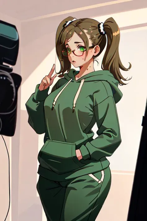 Lola Youngs(cute, innocent, nerdy teen girl, glasses, extremely detailed brown-green eyes, brown pigtails, petite body, medium bust, medium hips) wearing(Long Oversized hoodie, sweat pants) Looking away from the camera, shy