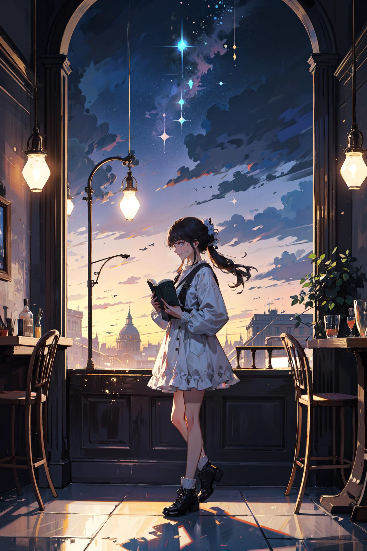 ((best quality, masterpiece, absurbres, super-resolution)) Reading in a cafe, Cute Illustration, Bokeh, glowing particles