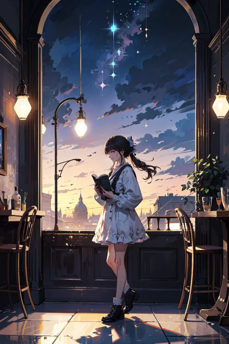 ((best quality, masterpiece, absurbres, super-resolution)) Reading in a cafe, Cute Illustration, Bokeh,  glowing particles