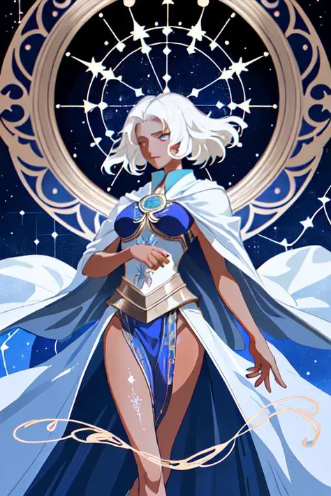 Minerva Caster (short white hair that shimmered like a veil of frost, tan skin, Eye color of bronze, enchanting sight) wearing a blue robe, a constellation of arcane symbols embroidered with silver threads, swirled around her, hiding and revealing her slender form as she moved.