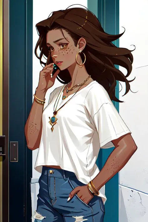 Milly Roberts(Height: 5'8", Weight 120 pounds, Dark brown hair, Brown eyes, Fair skin tone, Freckles a small scar on her left cheek) Wearing Casual and comfortable styled clothes, wearing a necklace and earrings.